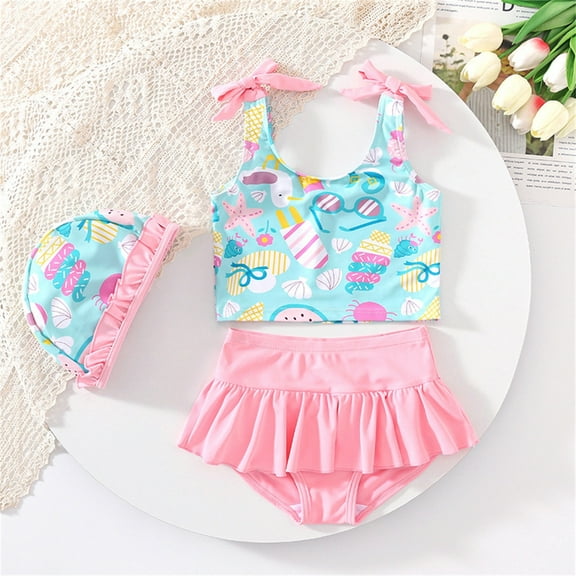 Xmyrz Girls Bathing Suit Toddler Summer Cute Ruffle Beach Bikini Tankini With Hat Swimwear Bathing Suit