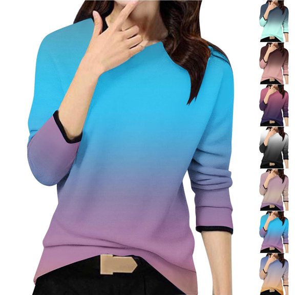 Swuxness Women Casual T-Shirt, Women's Long Sleeve Tops, Women's Gradient Print Crew Neck Comfortable Soft Loose Fitted T Shirt Blouse for Ladies Dark Blue, M