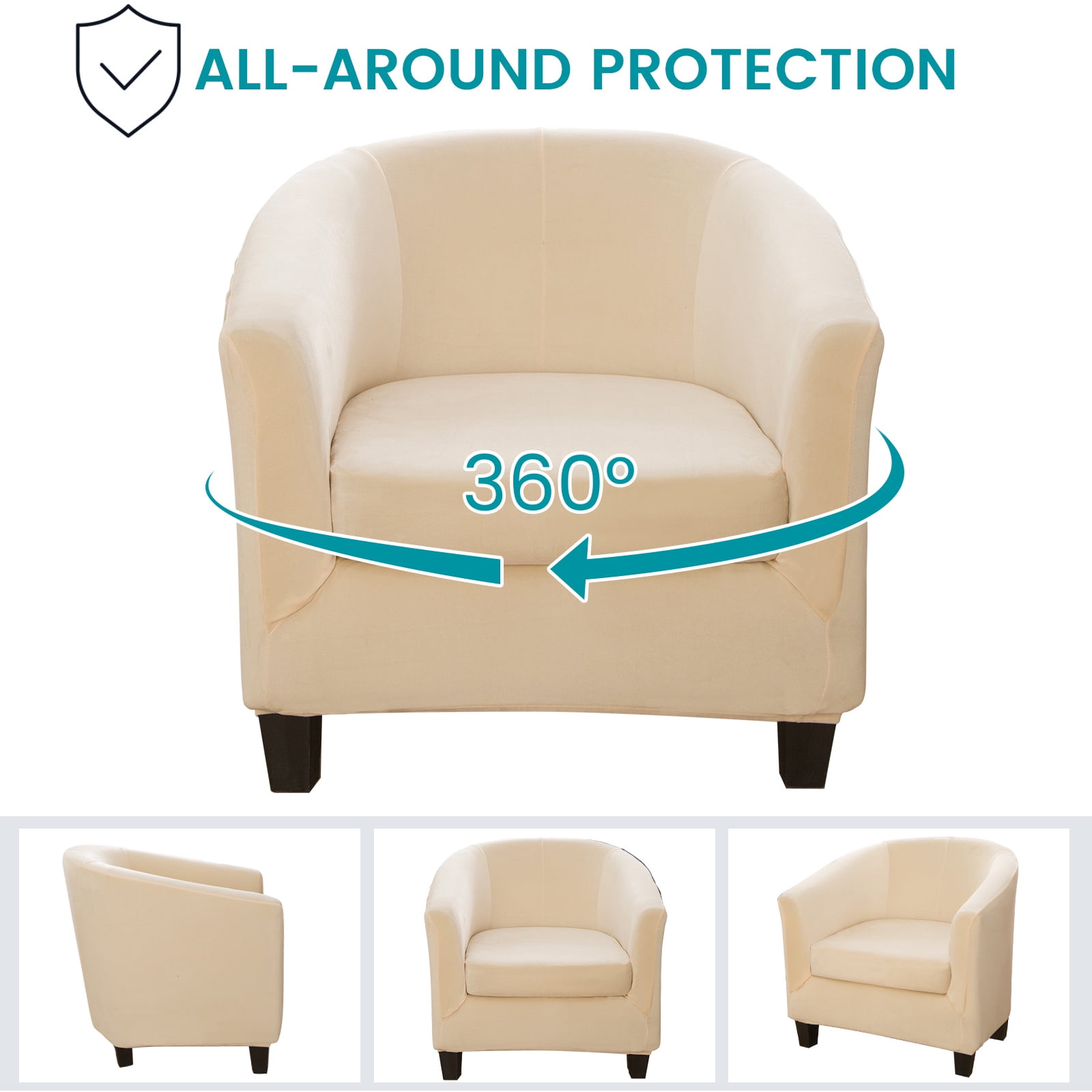 SHANNA Velvet Tub Chair Covers, 2 Pieces Stretch Modern Armchair Slipcovers Non Slip Sofa Couch Slipcover for Club Bar Counter Living Room Reception,With Separate Cushion Cover, Beige, 1 Pack