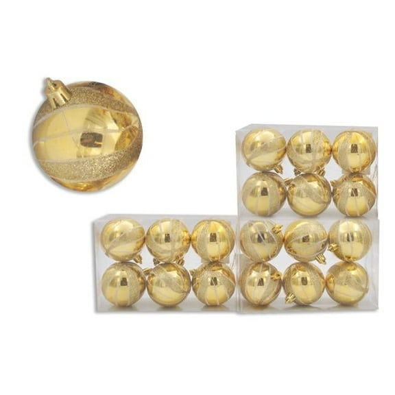 Queens of Christmas ORN-18PK-S-GO 3 in. Shiny Ornaments with Gold & White Glitter Stripes, Gold - Pack of 18