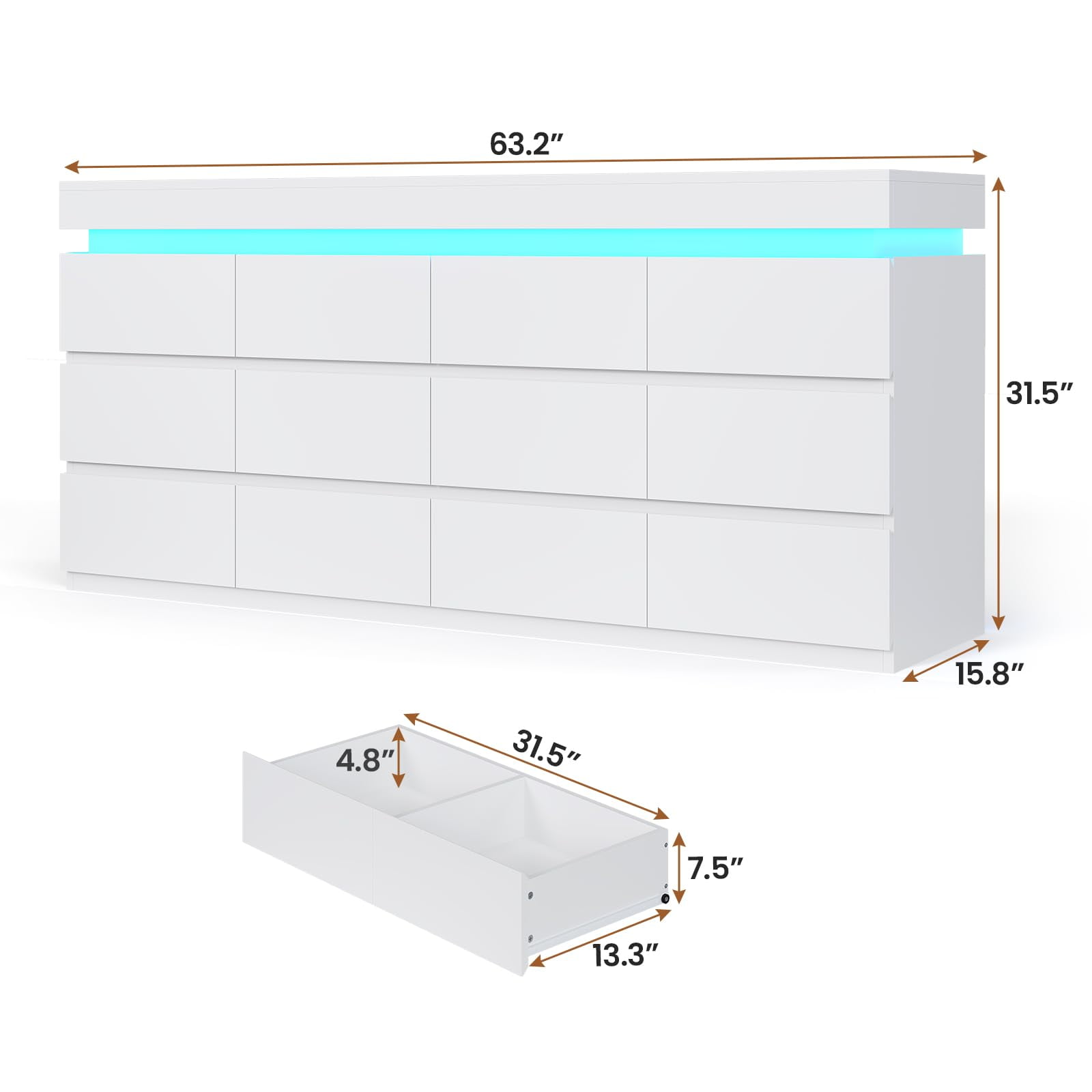 Afuhokles 12 Drawer Dresser with LED Light, White Modern Chest of Drawers for Bedroom