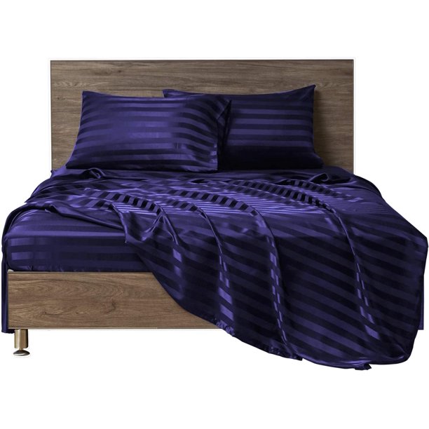 MR&HM Satin Bed Sheets, 3 Pcs Silky Bedding Set, Twin, Navy Blue