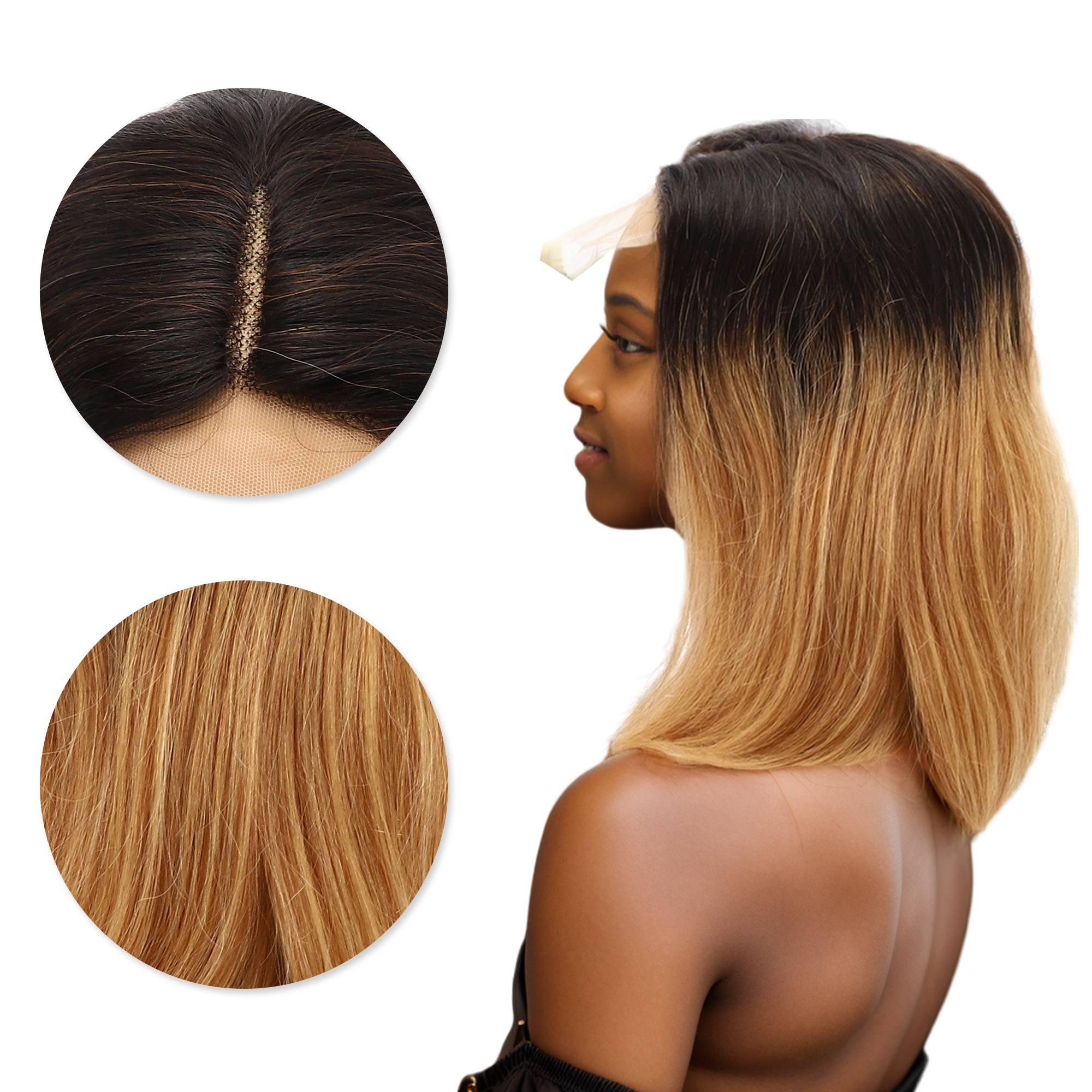 Unique Bargains 1 Pc Straight Long Hair Hair Wig Real Human Hair 12in 4x4in 180 Human Wig Yellow Black for Women
