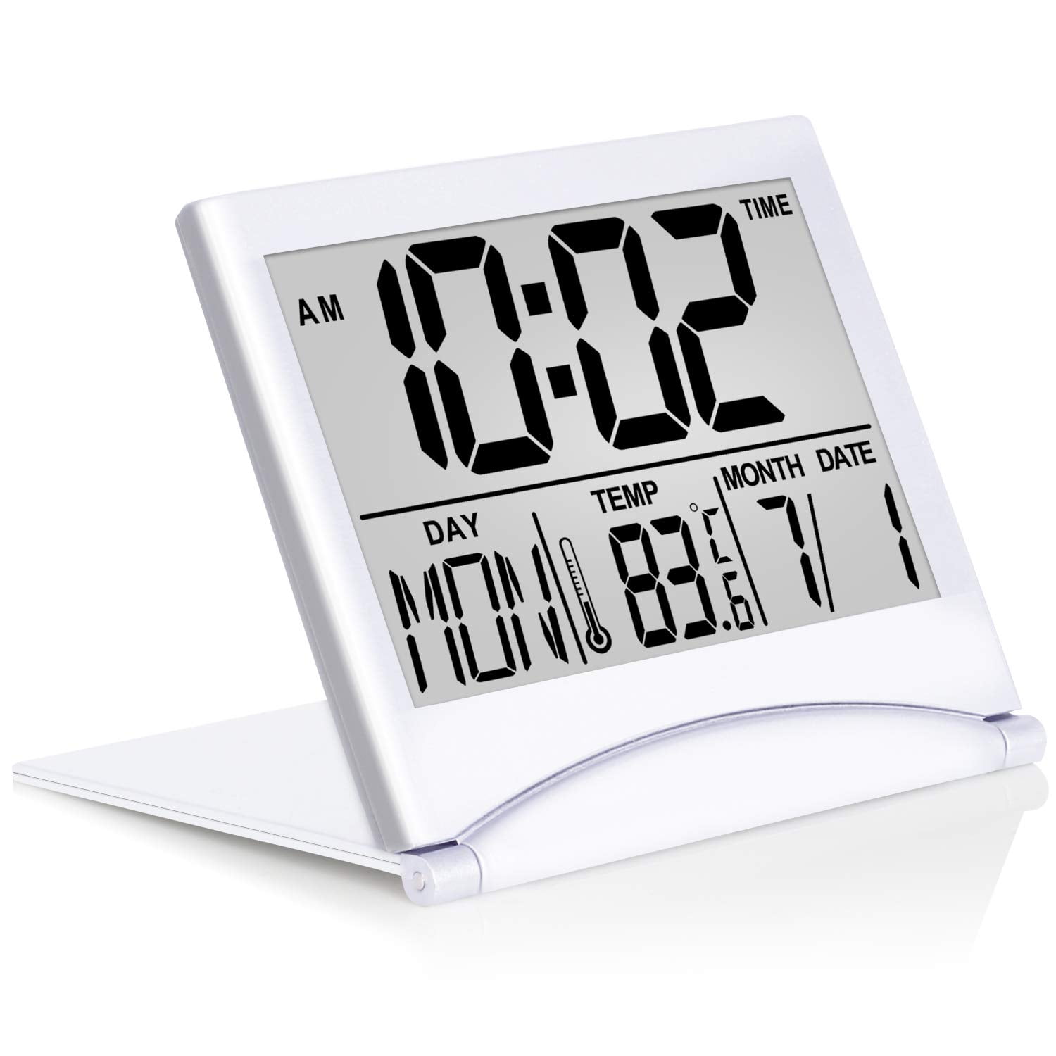 Betus Digital Travel Alarm Clock - Foldable Calendar &amp; Temperature &amp; Timer LCD Clock with Snooze Mode - Large Number Display, Battery Operated - Compact Desk Clock for All Ages (Silver)