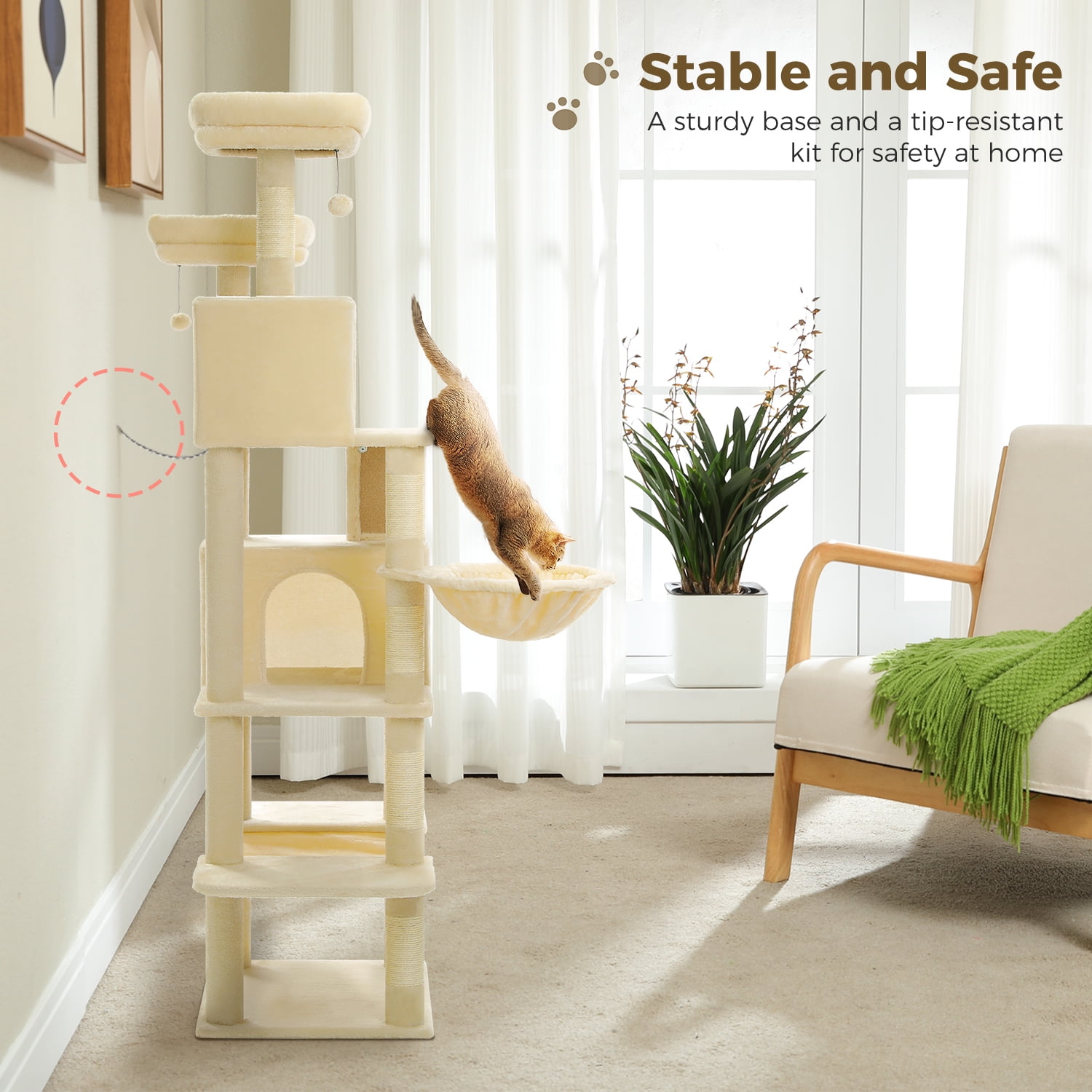 Pefilos 70.8" Tall Cat Tree for Adult Indoor Cats, 8-Levels Large Cat Tower with 8 Sisal Posts, 2 Hammocks, 2 Condos, Big Perch & 3 Pom Poms, Beige