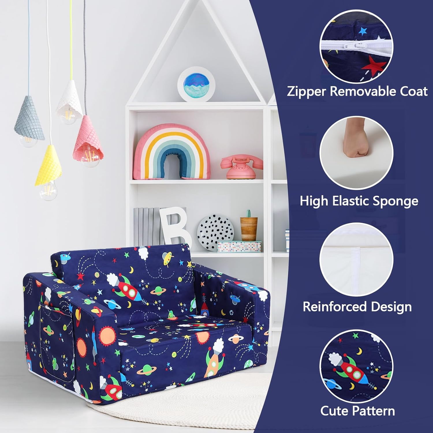 Kids Couch Convertible Sofa to Lounger for Toddler Boy, Foldable 2-in-1 Kids Sofa Bed, Toddler Chairs  for Bedroom Playroom, Blue Rocket
