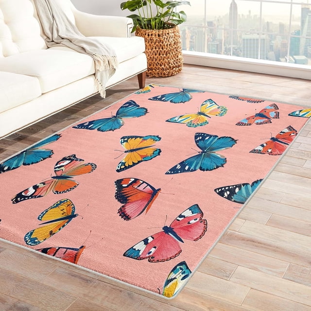 Butterfly Rug & Home Decor - Girls Blush Pink Rugs for Entryway, Front Door Mat Indoor Entrance, Washable Rugs, 2x3 Rug, Non Slip Soft Small Area Rug, Butterflies Carpet & Room Decorations X-&52