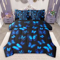 Manfei Rustic Butterfly 7 Pieces Bedding Comforter Set,Country Animal Full Bedding Set,Black Blue Fitted Sheet Flat Sheet For Girl,Luxury Bedroom Decor Reversible