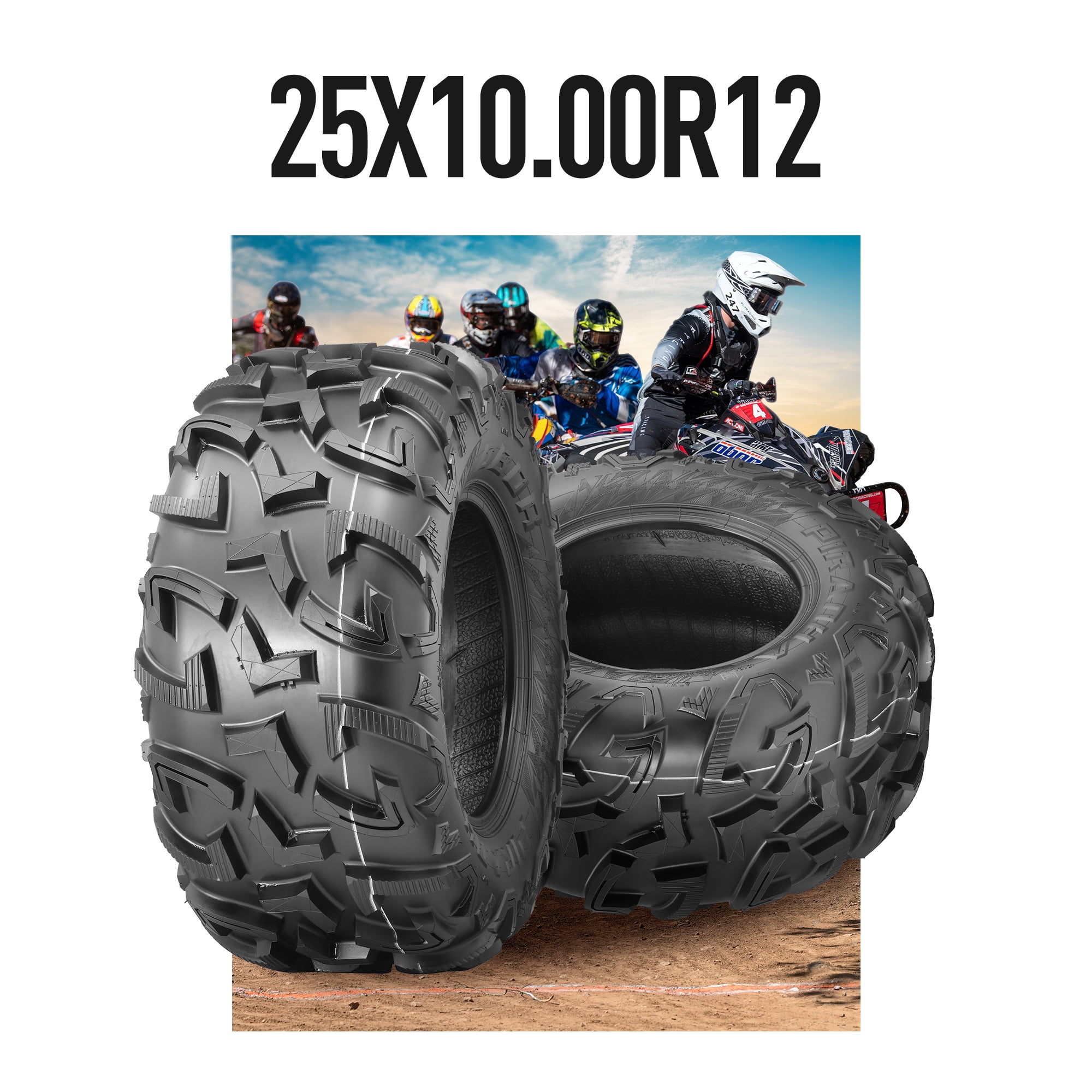 Set of 2 OBOR Pinacle 25x10.0012 ATV UTV Tires 6PR 25x10x12 New Directional Tread Mud Sand All