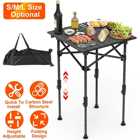 Moclever Folding Camping Table with Adjustable Height, Carbon Steel Roll-up Camping Table 20x21in Tabletop, Black