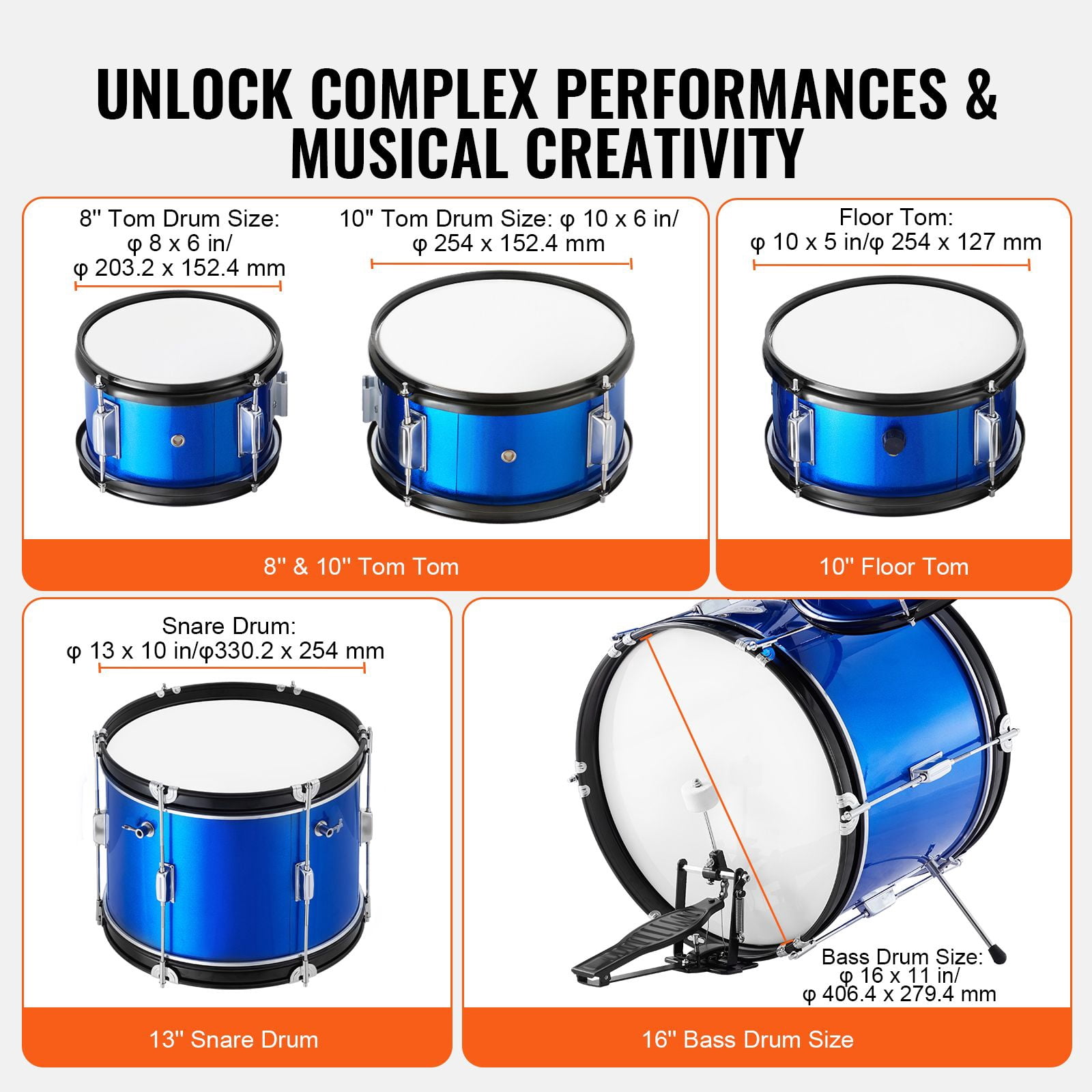 Kids Drum Set, 5-Piece, 16 in Beginner Full Drum Set with Bass Toms Snare Floor Drum Adjustable Throne Cymbal Hi-Hat Pedal and Two Pairs of Drumsticks, Starter Drum Kit for Child Kids, Blue