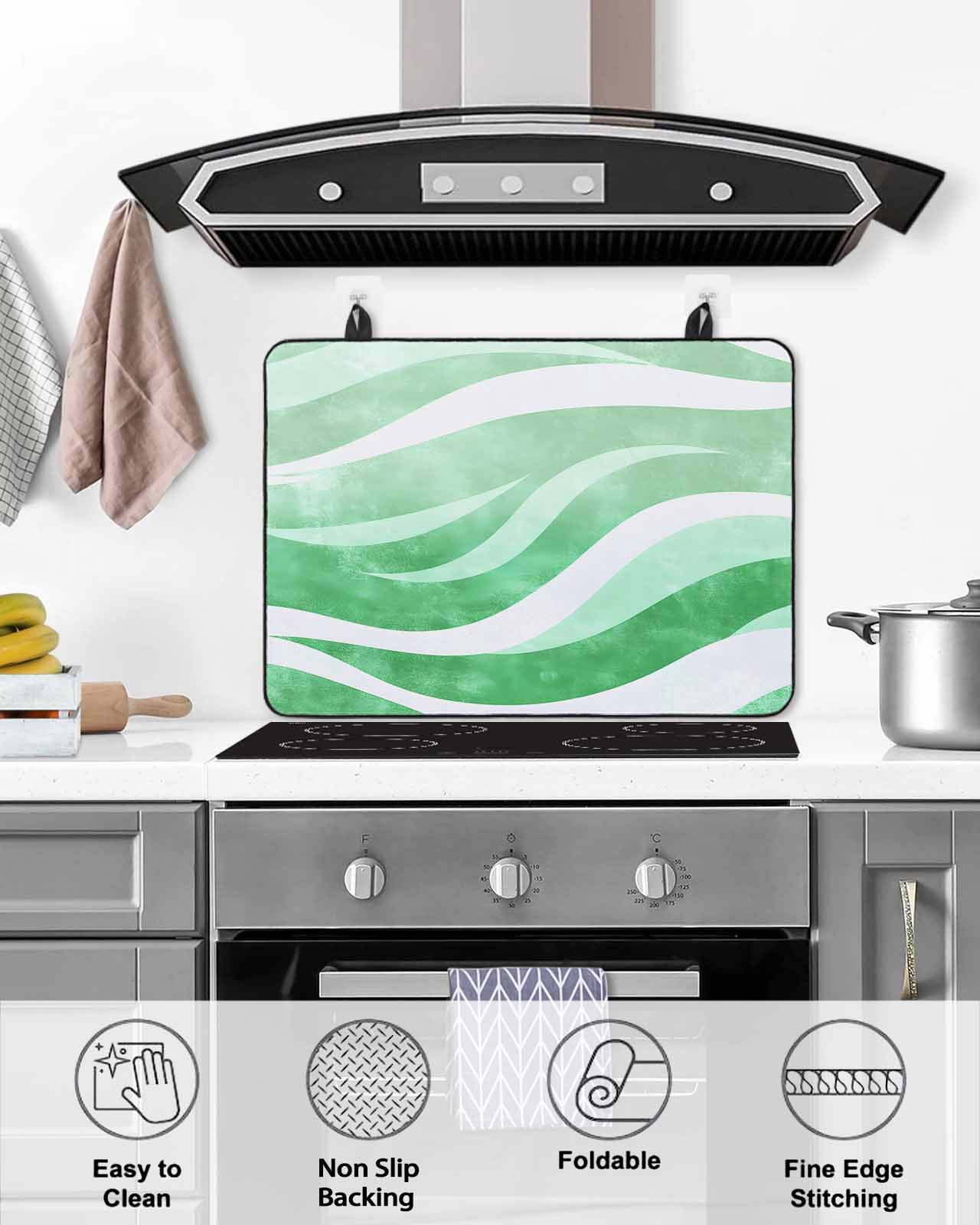 nqOlkjepod Large Induction Cooktop Protector Mat 24"x21", Green Stripe Stove Top Covers for Electric Stove, Abstract Waves Modern Ocean Coastal Texture Stove Burner Cover Mats, Glass Top Stove Cover