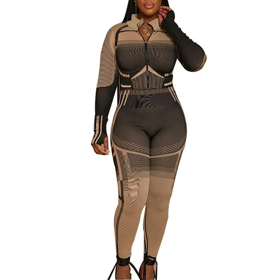 Two Piece Yoga Outfits for Women Print Zipper Tight Crop Top High Waist Leggings Long Sleeve Stretchy Gym Workout Sets, Khaki, M