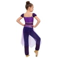 thumbnail image 2 of TiaoBug Kids Arabian Princess Jumpsuit for Girls Belly Dance Outfit Sequin Tulle Overlay Pants Romper Purple 6, 2 of 5