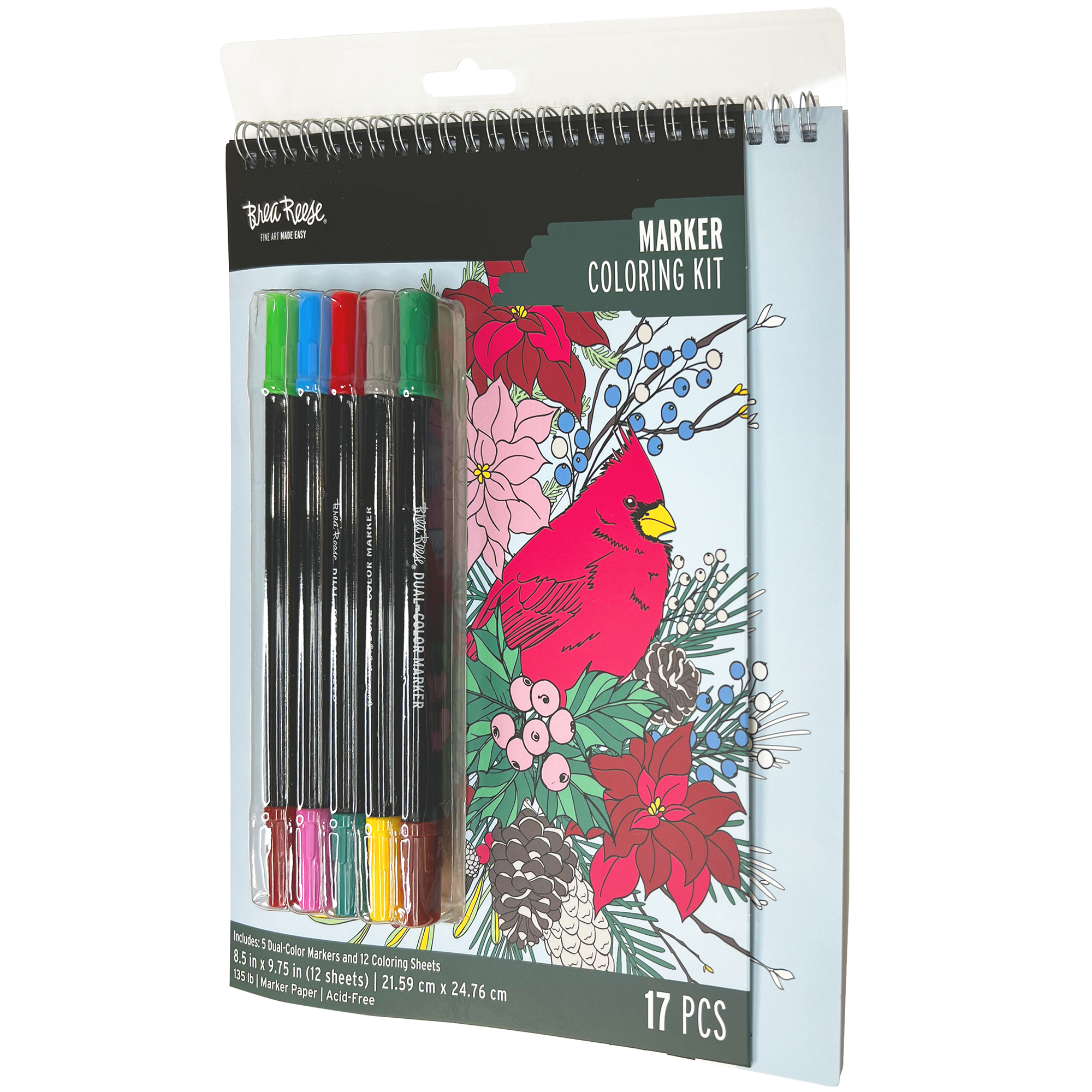Brea Reese: Marker Coloring Kit - Cardinal - 5 Dual-Sided Markers, 12 Holiday Bird-Themed Coloring Pages, Festive Spiral-Bound Art Pad, Adult Craft