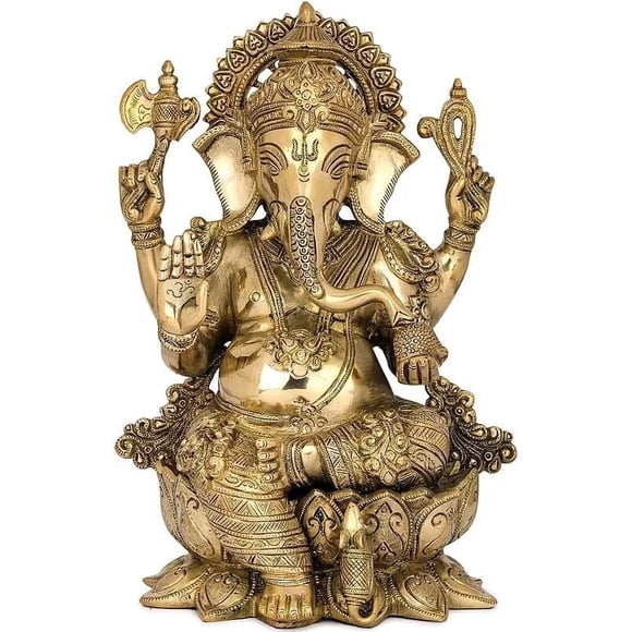 Mangalkari Ganesha Brass Statue, Ganesh, Gajanan Ji Idol Big Size - 11 Inches, Brass, Gold, For Home, Office, Pooja Room, Occasion, Handmade, Clean With A Dry & Soft Cloth - 1 Piece
