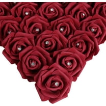 Burgundy Rose Artificial Flower Heads, 3in Real Looking Stemless Foam Roses Fake Flowers Bulk with Crystal for DIY Craft Wedding Bouquets Arrangements Party Home Decorations(Burgundy)