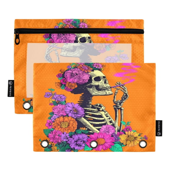 2 Pack 3 Ring Binder Pouch with Clear PVC Window Water Resistant Zipper Pencil Pouch Skeleton in Bloom Binder Pocket for Classroom Office Home Stationery Organization