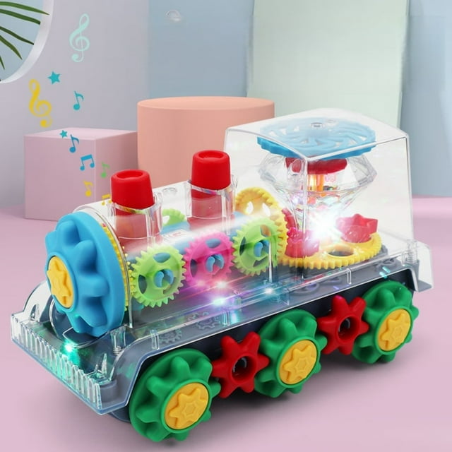 Transparent Gear Locomotive Light Up Train Railway Engine Toddler Musical 3D Gears Bump & Go For Kids With 360° Rotation Function Lights And Music