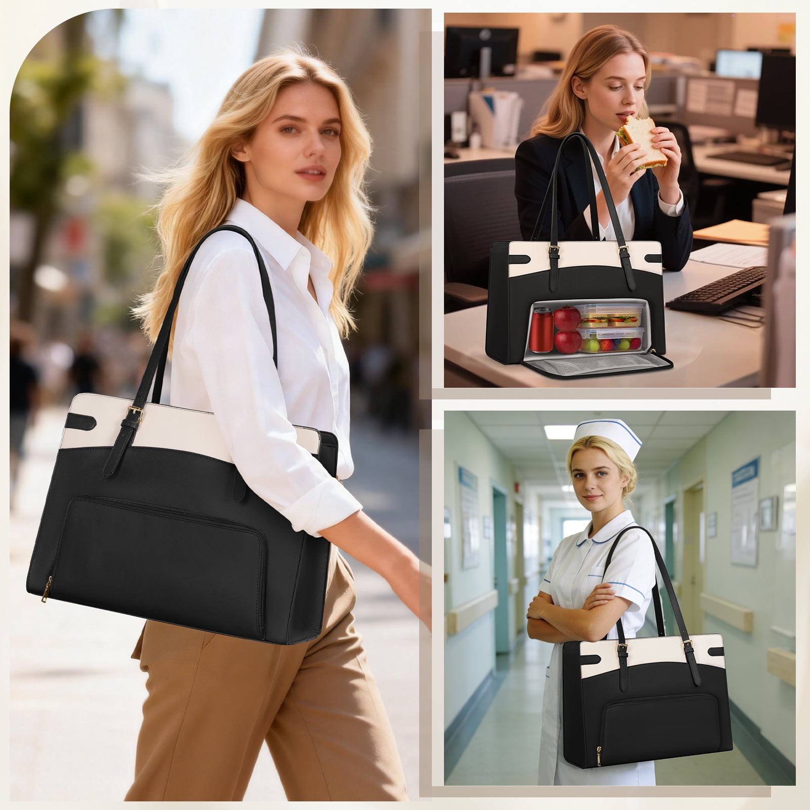 RAINSMORE 15.6 inch Lunch Tote Bag for Women Laptop Bags with Insulated Lunch Compartment Teacher Work Bag for Office Travel,BlackWhite
