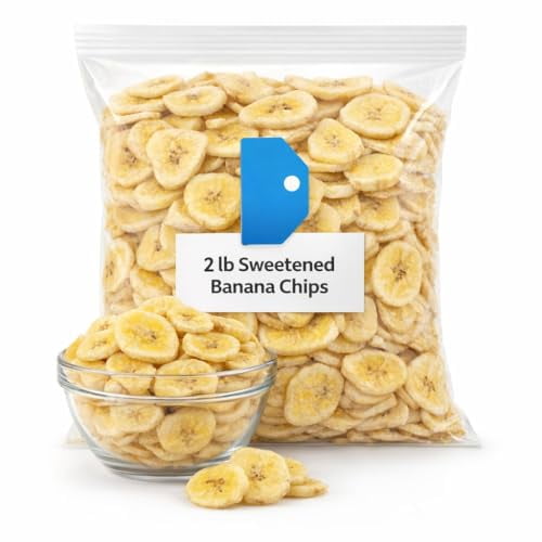 Sweetened Banana Chips, 2 lb Bulk Bag, Crunchy Dried Banana Slices Snack