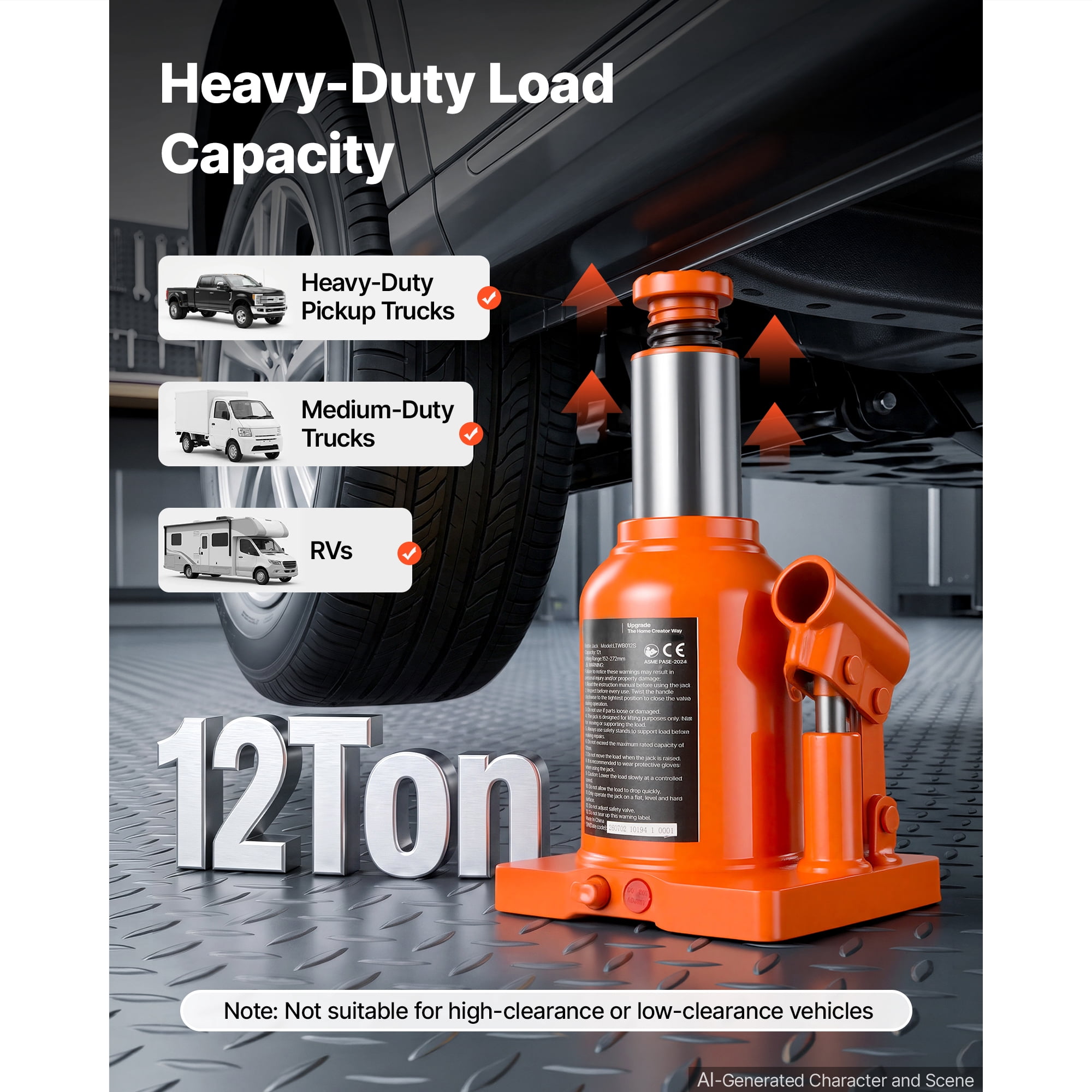 KFFKFF Hydraulic Bottle Jack 12 Ton (26455.5 lbs) with 5.98"-10.71" Lifting Range, Suitable for Heavy-Duty Vehicles, Medium Trucks, Durable Welded Design with 3-Section Long Handle, Orange