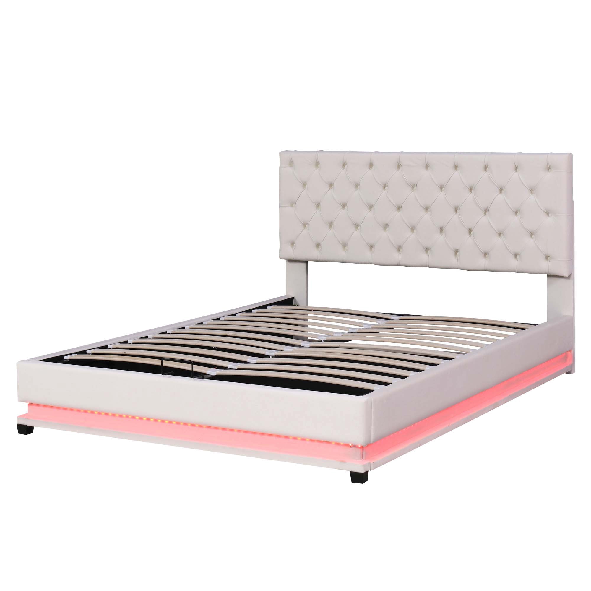 Aukfa Queen Upholstered Platform Bed with LED Light, Lift Up Storage Bed with Hydraulic Storage System - Beige