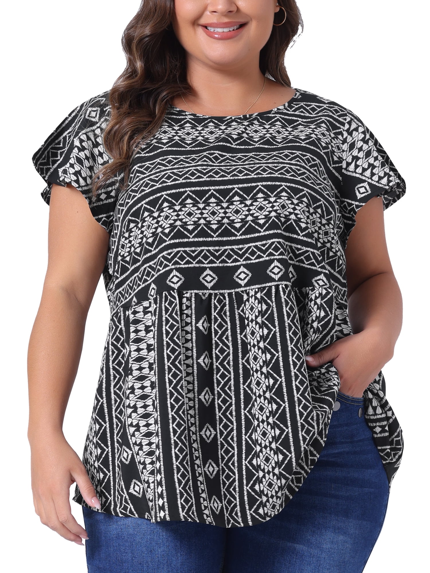 Women's Plus Top Boho Floral Printed Round Neck Ruffle Sleeve Blouses Shirts 2X Black