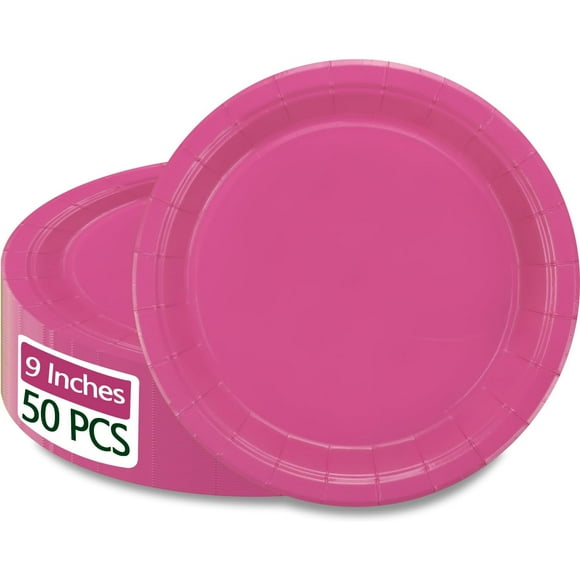 50Pcs Hot Pink Paper Plates - 9\u201d Cerise Round Disposable Dinner Plate for Holidays Picnic Celebrations Pink Birthday Party Supplies