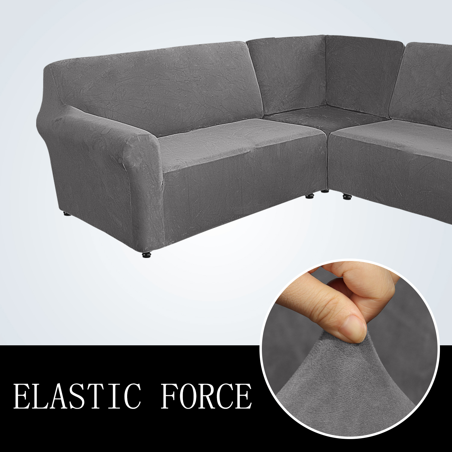 Eurhowing 7-Seater L-Shaped Sofa Cover, Stretch Velvet Soft Couch Slipcover for Sectional Corner Sofa, Non-Slip Furniture Protector, Grey
