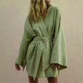 thumbnail image 1 of Kimono Cardigan Col en V pour Femmes Mini Robe Coton Lin Manches Longues Ceintures Robes Style Robe Lacets Vestidos Amples, 1 of 13
