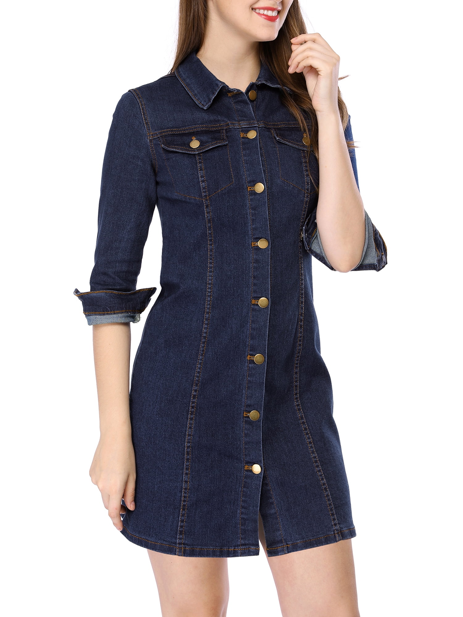 DARING DIVA 3/4 Sleeve Button Down Denim Shirt Dress M Blue