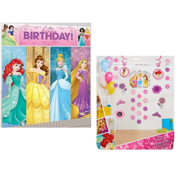 Disney Princess Birthday Party Supplies Bundle Includes 22 Piece Room Decorations, 64" x 59" Large Scene Setter Picture Backdrop, 1 Dinosaur Sticker Sheet