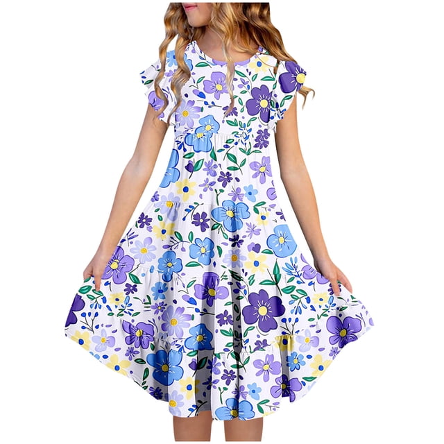 Zpanxa Robes Florales pour Filles Été Manches Courtes Manches Volantées Col Rond Imprimé de Fleurs Taille Poche Robe Superposée Polyester Spandex Multicolore 14-15 Ans