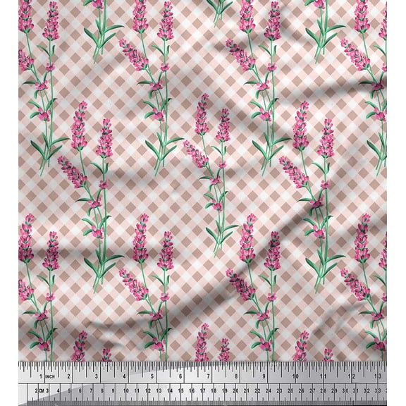 Soimoi Pink Cotton Duck Fabric Check,Leaves & Pink Floral Print Sewing Fabric BTY 56 Inch Wide