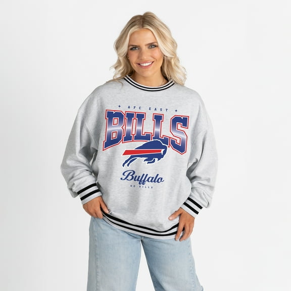 Women's Gameday Couture Ash/Black Buffalo Bills Oversized Gridiron Drive Ringer Stripe Sweatshirt