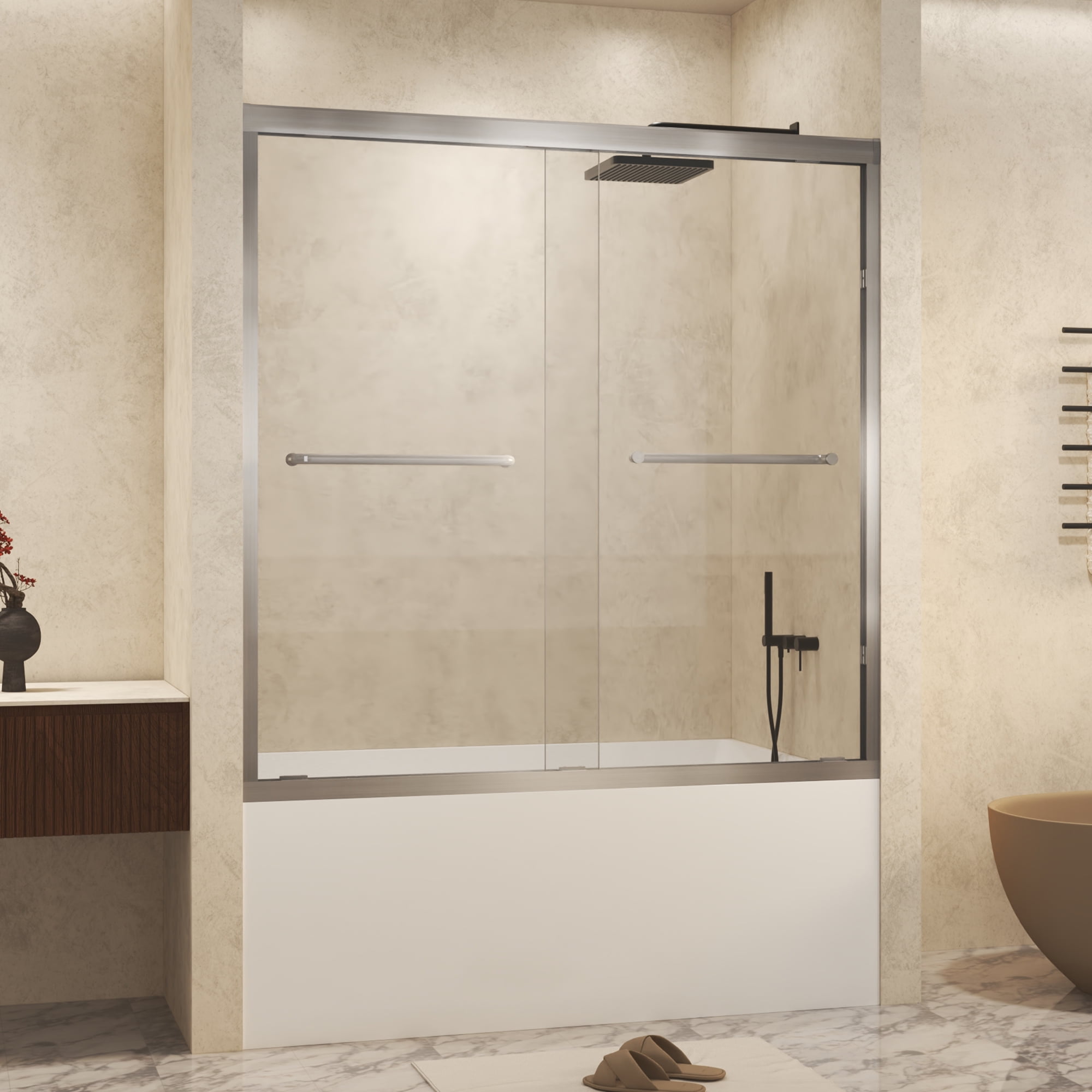 Aukfa 56-60" W x 70" H Double Sliding Shower Door, Aluminum Frame Explosion Proof Film,1/4",Brushed Nickel