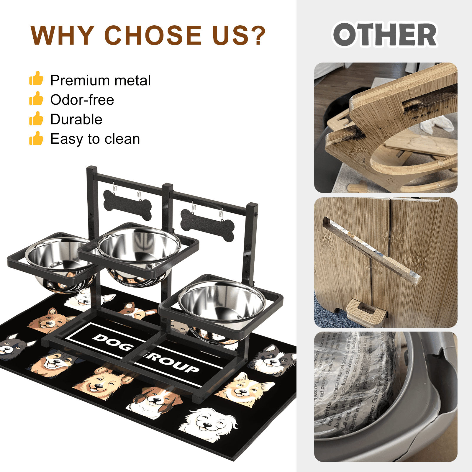 Adjustable Height 3-Bowl Raised Dog Feeder Stand, Ergonomic Anti-Slip Pet Dining Station