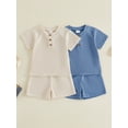 thumbnail image 3 of Loicainy Baby Toddler Boys Waffle Clothes Set 3 6 12 18 24 Months 2T 3T Short Sleeve Henley Neck T-shirt with Elastic Waist Shorts Summer Outfit, 3 of 9