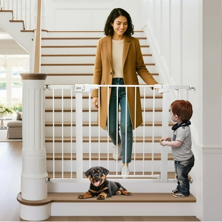 Mom Genius Pressure Mounted Baby Gate for Stairs, Extra Wide 29-48.8 Inch Adjustable, Auto-Close, Double Lock, 29.9" Tall Metal Dog Gates for Doorways, Kitchen & Hallways, CPC & CE Certified, White
