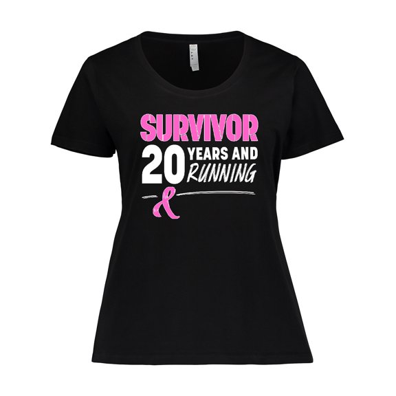 Inktastic Breast Cancer Survivor 20 Years and Running with Pink Ribbon Women's Plus Size T-Shirt