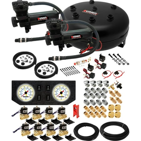 Vixen Air 4 Gallon (15 Liter) Pancake Air Tank with Dual 200 PSI Black Compressor, Valves, Gauges, Fittings and Hoses Suspension Onboard System/Kit