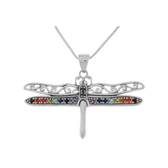 Sterling Silver Large Filigree Wing Dragonfly Pendant on 18 Inch Box Chain Necklace