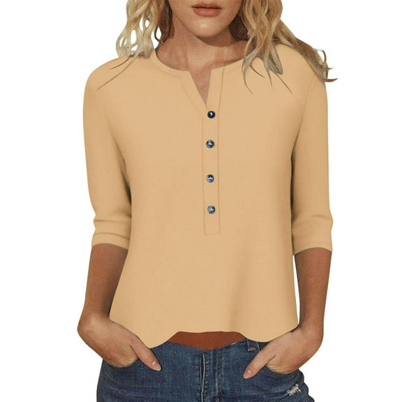 zbxnLI Women's Dressy V Neck Blouses Long Sleeve Shirts Button Casual Loose Tunic Tops S-5XL