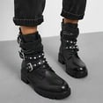 thumbnail image 3 of Studded Platform Mid Calf Combat Boots for Women 2025 Black Punk Gothic Leather Buckles Motorcycle Riding Ankle Booties, 3 of 7