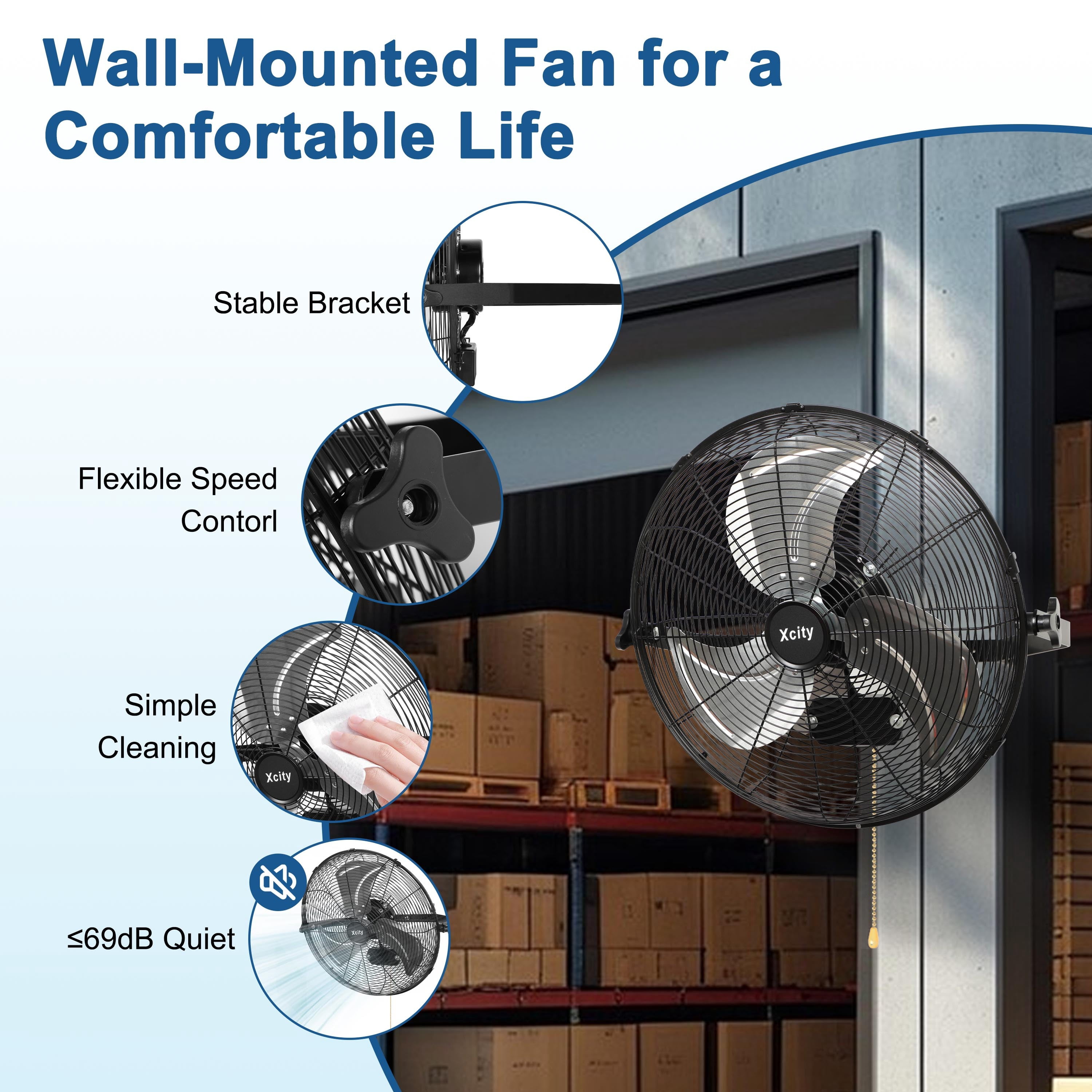 Avobird 20 Inch Metal Wall Mounted Fan, High Speed Industrial Fan, 3-Speed Fan with 360°Tiltand Wall Mount, High Airflow of 3000 CFM, Durable Metal Design for Home/Factory/Workshop