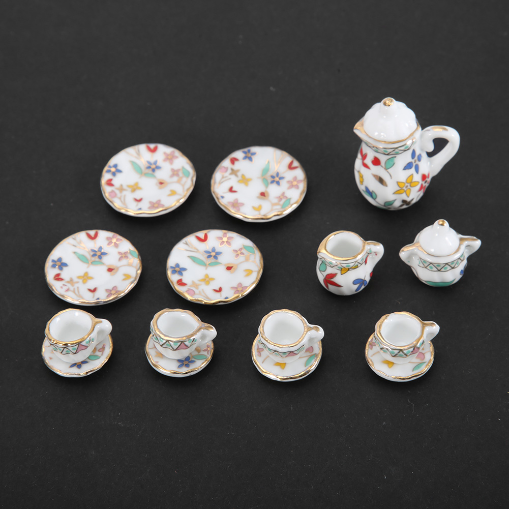 TOPINCN 1:12 Dollhouse Kitchen Miniature 15pcs Porcelain Flower Tea Cup Set Decor Collection,Tea Set Miniature - image 4 of 7