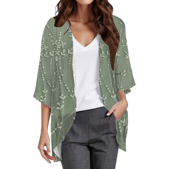 LEKODE Women Open Front Chiffon Kimono Cardigan, Mid Length Loose Outerwear with 3/4 Flare Bell Sleeve and 3D Floral Embroidery, Lightweight Sun Protection Cover Up for Beach Swim Vacation Green L