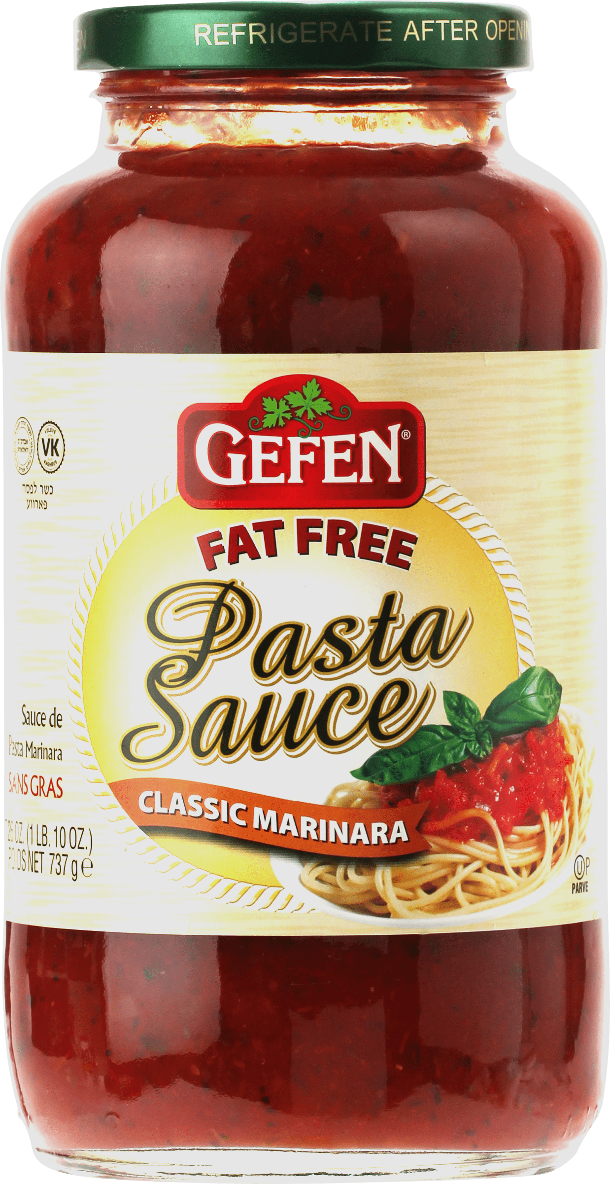 Gefen, Fat Free Marinara Pasta Sauce, Fat Free Classic Marinara Sauce 26oz.
<ul>
<li>Toss and top perfect pasta, pizza, fish, and chicken dishes.</li>
<li>Smooth and flavorful authentic marinara sauce.</li>
<li>All Natural.</li>
<li>Gluten Free.</li>
</ul>