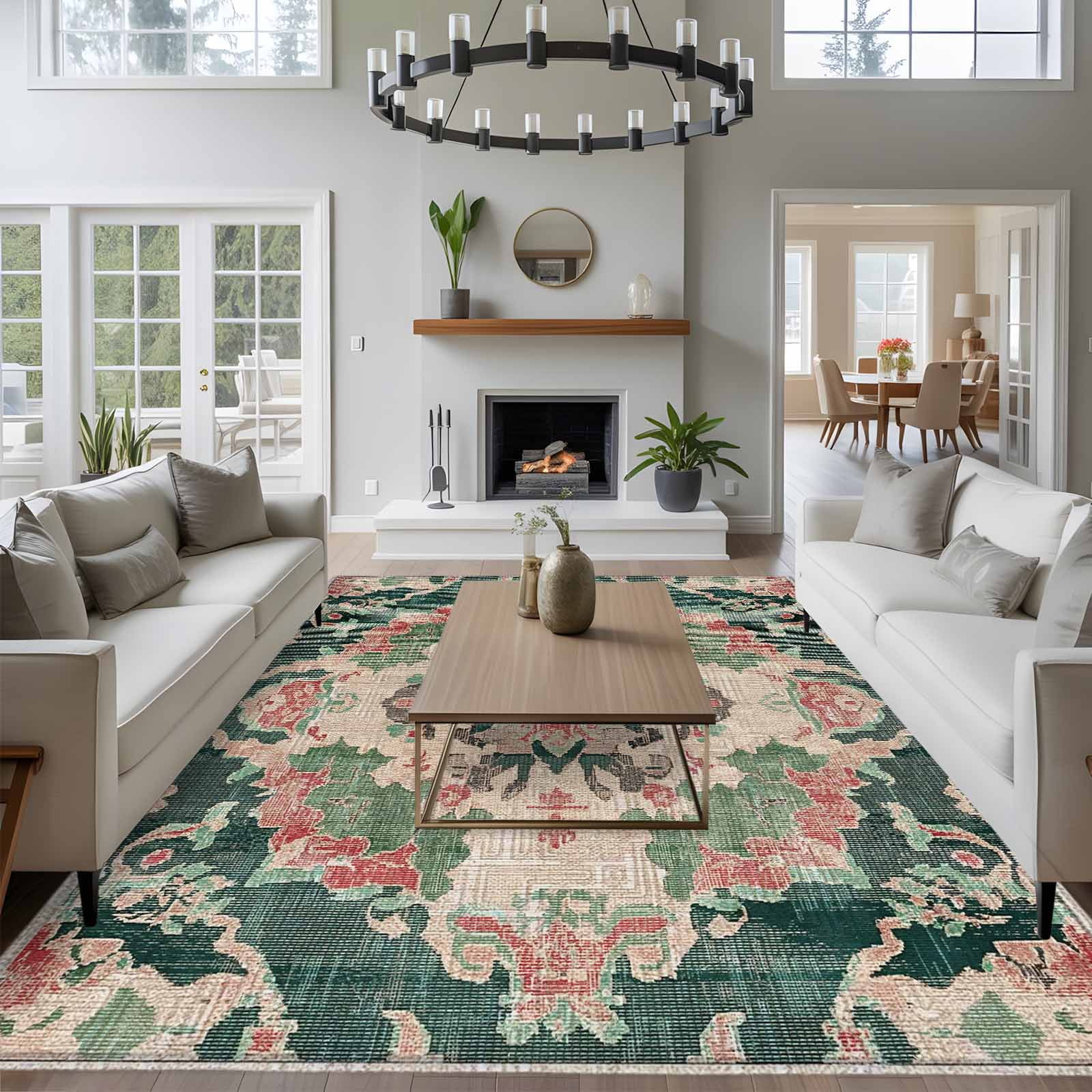 Area Rug for Living Room, Pink Green Boho Non-Slip Indoor Large Carpet for Bedroom/Dining Room, Abstract Medieval Vintage Ethnic Floral Washable Low-Profile Rectangle Floor Runner Rugs - 5 x 8 Ft